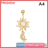 Ministar แหวนสะดือคริสตัลดวงจันทร์ทำจากสแตนเลสสำหรับผู้หญิงอัญมณีประดับร่างกายเจาะท้องจี้ดอกไม้ผีเสื้อ