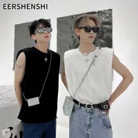EERSHENSHI เสื้อกั๊กลำลองผู้ชายผ้าฝ้ายระบายอากาศได้มีแผ่นรองไหล่เสื้อรอบคอหลวมสไตล์รัฟเฟีย