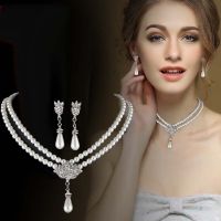 2pcs/set Fashion Pearl Diamond Necklace Set Wedding Engagement Bride Earrings Collarbone Chain Elegant Beautiful Jewelry Gift