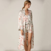 Satin Print Flower Sleepwear y Kimono Gown Women Nighty&amp;Robe Suit Bathrobe Intimate Lingerie Silky Nightwear Nightgown