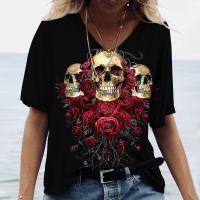 Rose Skull Graphics T-Shirt V Neck Womens Shirts Horror Haruku Oversized 3d Print T Shirt Casual Fashion Female Tees Clothes