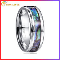 BONLAVIE 8mm Abalone Shell Tungsten Carbide Rings Unisex Wedding Bands Faceted Edge Comfort Fit Size 5-14