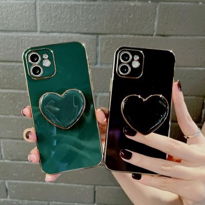 Korean Heart Holder Plating Shockproof Phone Case For iphone 13 14 12 11 Pro Max MiNi X XS XR 6 S 7 8 Plus SE 3 Anti-drop Cover
