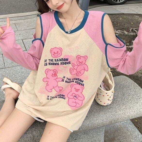 พร้อมส่ง-ใหม่-เสื้อยืดแขนยาว-เปิดไหล่-ทรงหลวม-กันแดด-ลายหมี-สไตล์เกาหลี-แฟชั่นฤดูร้อน-สําหรับผู้หญิง-2023