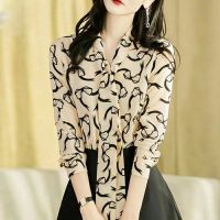 เสื้อผ้าแขนยาวผูกคอวีสำหรับผู้หญิงเสื้อลำลองแฟชั่นใหม่พิมพ์ลายเสื้อผู้หญิงสไตล์เกาหลี
