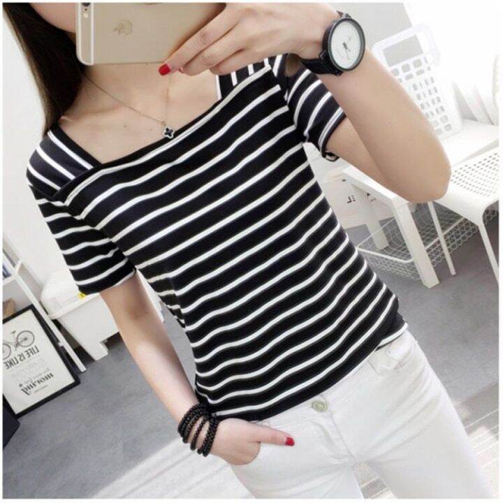 may-shopรุ่น-319-สไตล์เกาหลีรุ่นใหม่หลวมและบางแนวโน้มขนาดใหญ่เสื้อยืดแขนสั้นผู้หญิงลายทางในฤดูร้อน-bottoming-พร้อมส่ง