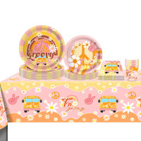 1ชุด Hippie Two Groovy ดอกไม้รถบัสกระดาษถ้วย Tableware สำหรับเด็ก Bohemian Birthday Party อุปกรณ์ตกแต่ง