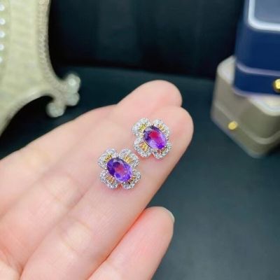 925 Sterling Silver Stud Earrings High Quality Woman Fashion Jewelry New Natural Amethyst Hot Sale Earrings