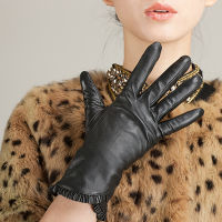 Women Genuine Sheepskin Leather s Autumn Winter Warm Full Finger Black Ruffle Mittens High Quality S2146