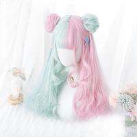 Cosplaymix 57CM Lolita Makaron Color Pink Mixed Mint Green Blue Ombre Long Curly Bangs Cute Synthetic Buns Cosplay Wig Gift ของขวัญ