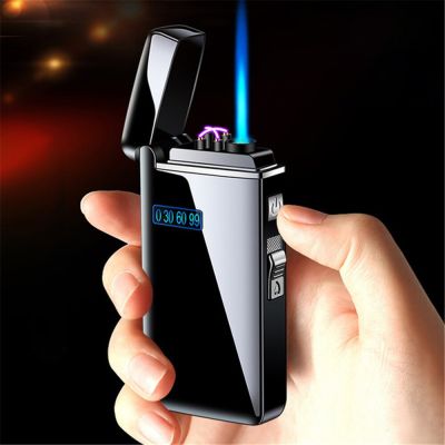 ZZOOI Metal Double Arc Lighter Windproof Metal USB Torch Dual LED Power Display Touch Screen Charging Electronic Butane Pipe Lighters