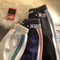 Velcro pants womens spring autumn plus fleece thicken American unisex sports pants straight loose preppy feet leisure trousers