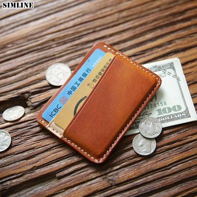 SIMLINE 100% Genuine Leather Card Holder For Male Men Vintage Handmade Short Small Mini Slim Front Pocket Wallet Case Coin Purse Card Holders