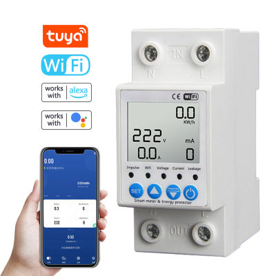 Tuya W-IFi สวิตช์ป้องกันการรั่ว,การตรวจสอบแรงดันไฟฟ้าเบรกเกอร์ฟังก์ชันจับเวลามิเตอร์วัดพลังงานอัจฉริยะเข้ากันได้กับ Amazon Alexa และ G-Oogle Home สำหรับการควบคุมด้วยเสียง