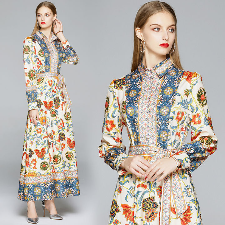 20212020 Autumn Runway Long Dresses Womens Long Sleeve Gorgeous Flower Print Buttons up Sashes Holidays Dress Robe Longue