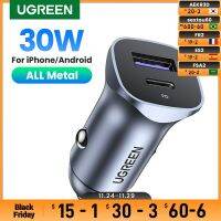 [HOT] UGREEN 30W รถพอร์ตชาร์จคู่ QC 4.0 3.0 Fast ตัวชาร์จไฟสำหรับ iPhone 14 13 12โทรศัพท์ Supercharge Type C Charger