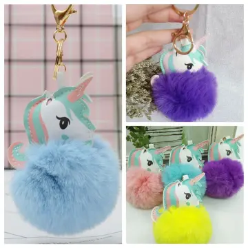 Unicorn glitter pom pom keychains plush silver gold blue pink purple fluffy