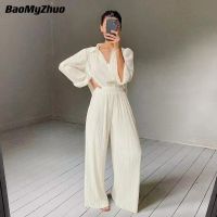 【DT】hot！ 2023 Piece Wide Leg Pant Suits Tracksuit Sets Breasted Female Turn Down Collar Shirts Top