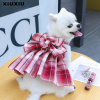 XIUXIU Harness and Traction Rope Set Plaid Bow Vest Dress Chest Strap Collar Puppy Small Medium Dogs Accessories Supplies