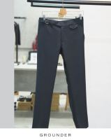 [GROUNDER] NAVY WOOL - BELT WAIST TROUSERS กางเกงขายาว กางเกงสีกรม ขากระบอกเล็ก ผ้าใส่สบาย เอวกึ่งสูง ดีเทลเข็มขัดหน้า