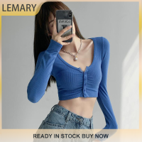 Lemary เสื้อยืดเอวลอย2023แฟชั่นฤดูใบไม้ร่วง,เสื้อเอวลอยทรงสลิมเซ็กซี่แขนยาวสีทึบฤดูใบไม้ร่วง