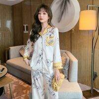 Autumn new 2021 color matching camellia comfortable two-piece silk sleepwear set