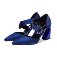 Blue Crystal Buckle Banquet Pumps Women Shoe Silk Pointed Toe Shoes Woman Elegant High Heels Wedding Shoes