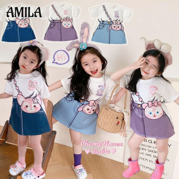 amila-ชุดเดรสเสื้อยืดกระโปรงชุดกระโปรงแขนยาวเจ้าหญิง-เดรสกระโปรงกระโปรงเดนิมชุดเดรสเด็กผู้หญิงลายการ์ตูน