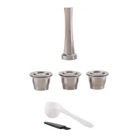 Capsules Reusable, Stainless Steel, 3 Pieces Refillable Pads for Nespresso + 1 Tamper + 1 Spoon + 1 Brush