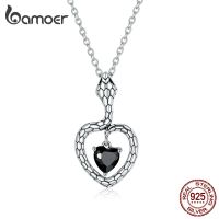 Bamoer Sterling Silver 925 Snake Necklace with Black Heart Gem Pendant 45cm chain length adjustable size Fashion Jewelry For Women &amp; Girls Fit Gifts BSN233