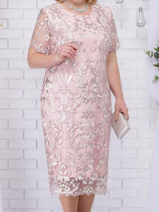 4xl 5xl Plus Size Summer Dresses for Wedding Guest Women's Short Sleeve  Lace Floral Elegant Bodycon Formal Party Dresses