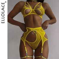 Ellolace Sexy Cut Out Bra Lingerie Sensual Fancy Underwear Garters Briefs Sets G-String Thongs Lace Yellow Erotic Intimate