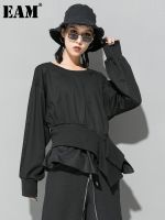 [EAM] Loose Fit Black Irregular Cross Sweatshirt New Round Neck Long Sleeve Women Big Size Fashion Spring Autumn 2023 1DA866