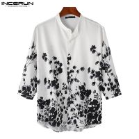 ✽▧ Incerun เสื้อเชิ้ตลําลอง แขนสามส่วน ลายดอกไม้