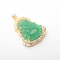 28X23MM New Stone Imitation Green Jades Carved Buddha Inlaid Rhinestone Amulet Buddhist Pendant 1PCS