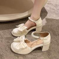 Mary Jane shoes women 2023 years of French New England windy summer with bowknot pearl summer thick with small leather shoes