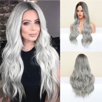 【jw】▨ Wavy Gray Ash Wigs with Highlights Middle Part Synthetic Hair for Resistant