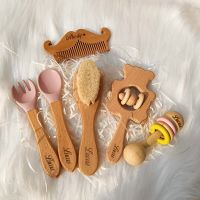 Personalized Name Beech Wooden Silicone Spoon Fork Set Baby Sensory  Learning Toy Custom Newborn Baby Hair Brush Kids Gift Set Bowl Fork Spoon Sets