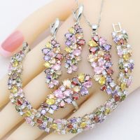 2021 New Multi Color Zircon 925 Silver Women Jewelry Sets Bracelet Earrings Necklace Pendant Ring Wedding Party Birthday Gift