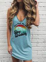 Womens Summer Beach Tank Dress Funny Letter Print You Had Me at Day Drinking Coconut Tree Mini Dresses V Neck Vacation Sundress