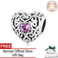 BAMOER Vinatge ลายหัวใจ Charms 925เงินสเตอร์ลิงกลวงหัวใจด้วยลูกปัดเพทายสีชมพูสำหรับสร้อยข้อมือผู้หญิงเครื่องประดับแฟชั่นของขวัญ SCC2136