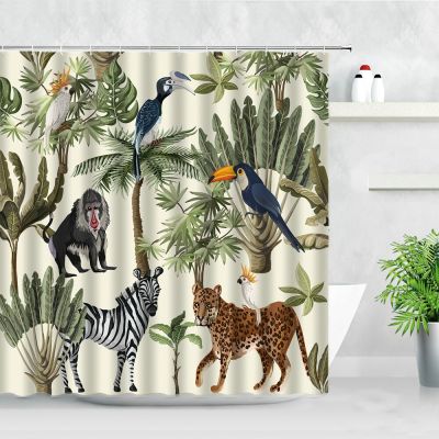 Tropical Plant Shower Curtains Bird Monkey Zebra Leopard Wild Animals Trees 3D Print Waterproof Bath Screen Bathroom Curtain Set