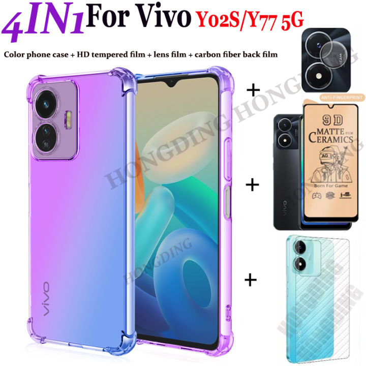 4-in-1สำหรับ-vivo-y02s-กรณีโทรศัพท์สี-ซอฟท์เซรามิกเคลือบเต็มกระจก-กล้องเลนส์กลับหน้าจอสติ๊กเกอร์สำหรับ-vivo-y02s-y77-5กรัมคาร์บอนไฟเบอร์ฟิล์มป้องกันหน้าจอ