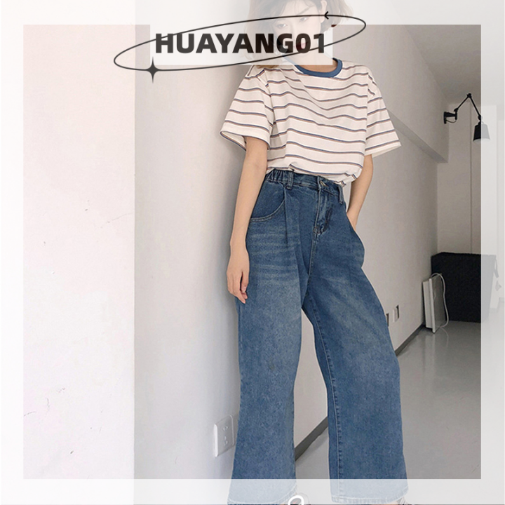 huayang01-2023-new-hot-fashion-lazlook-เสื้อยืดแขนสั้นลายทางวินเทจสำหรับผู้หญิงเสื้อยืดคอกลมทรงหลวมลำลอง