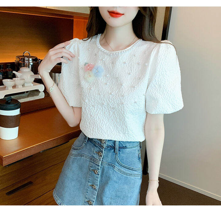 rehin-เสื้อแขนพองสีขาวสำหรับผู้หญิง-เสื้อเสื้อผู้หญิงแขนสั้นแขนพองสีขาวลายดอกไม้ลูกปัดแต่งเล็บเบาหรูหรามาใหม่ฤดูร้อน