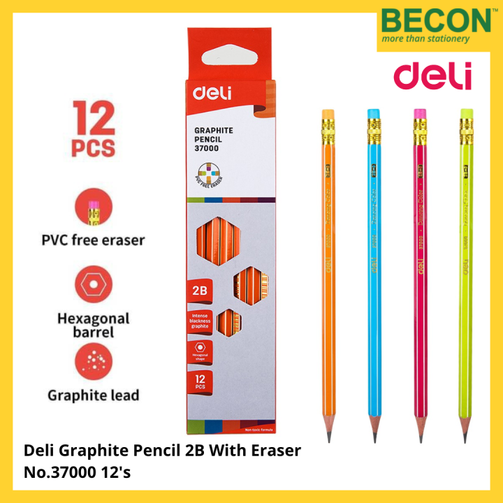 Deli Graphite Pencil 2B With Eraser No.37000 12's ( Random colour