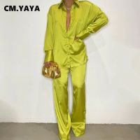 CM.YAYA Elegant Satin Womens Tracksuit Long Sleeve Shirt and Wide Leg Straight Pants Matching Sleepwear Two 2 Piece Set Outfits