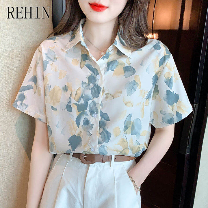 rehin-เสื้อผู้หญิงสำหรับฤดูร้อนใหม่สไตล์ฮ่องกง-เสื้อเสื้อผู้หญิงแขนสั้นผู้หญิงดีไซน์บางผ้าชีฟองลายดอกไม้เก๋ไก๋