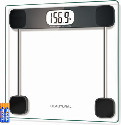 BEAUTURAL Digital Bathroom Scale for Body Weight, LCD Display, 400lb, 4 AAA Batteries and Tape Measure Included,Tempered Glass