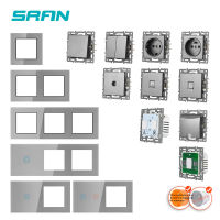 SRAN F6 Series แผงกระจกสีเทาสวิตช์ไฟ EU ปลั๊กไฟฝรั่งเศส Usb ซ็อกเก็ตทีวี RJ45 โมดูลสัมผัส DIY-Cgefeng